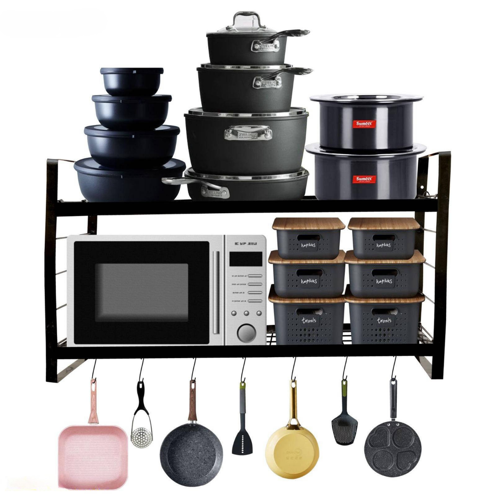 Wall-Mounted Kitchen Organizer 2-Tier Rack with Hooks for Pots & Pans