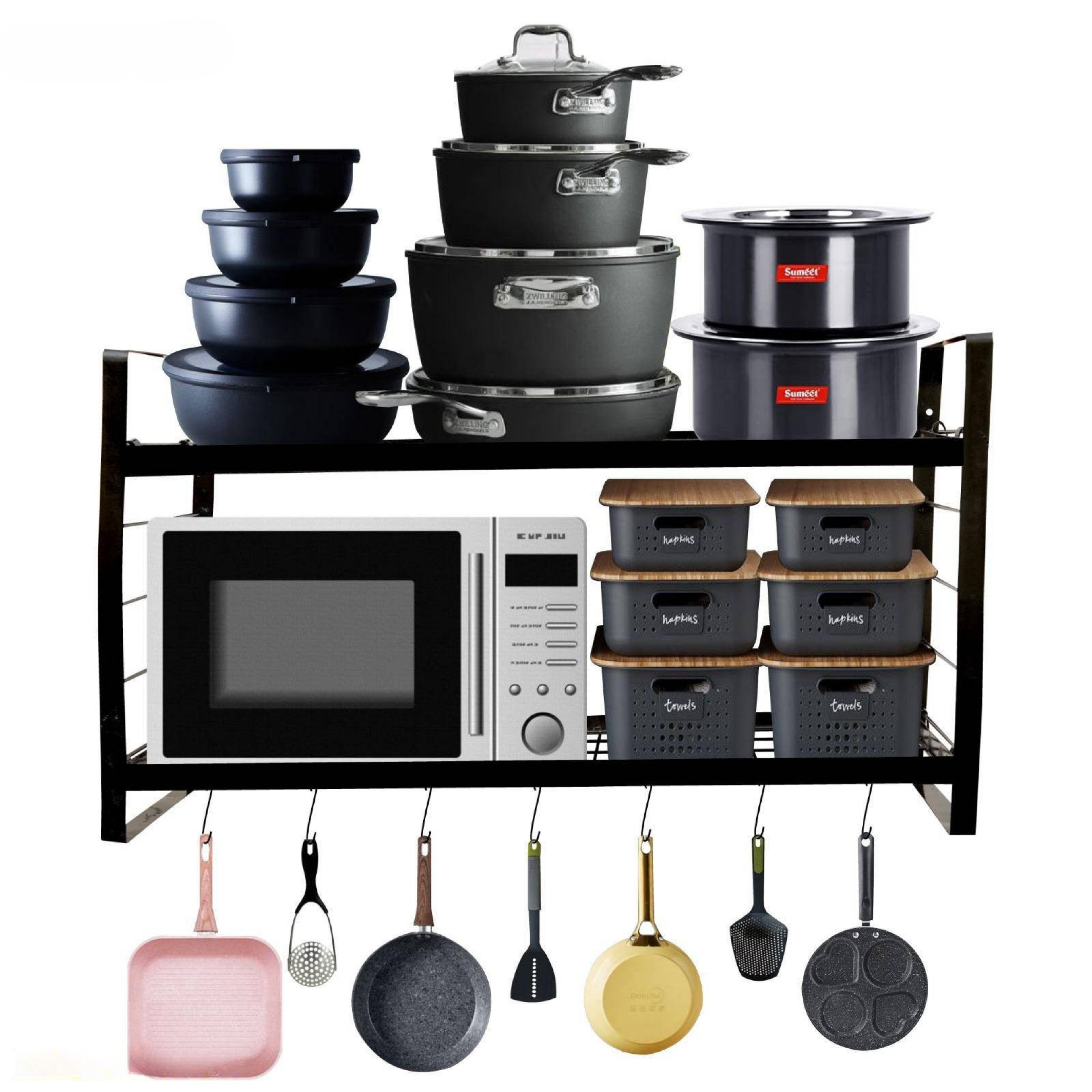 Wall-Mounted Kitchen Organizer 2-Tier Rack with Hooks for Pots & Pans
