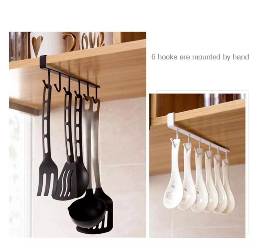 Kitchen Hanger Organizer 6 Hooks Stainless Steel Under Cabinet Rack