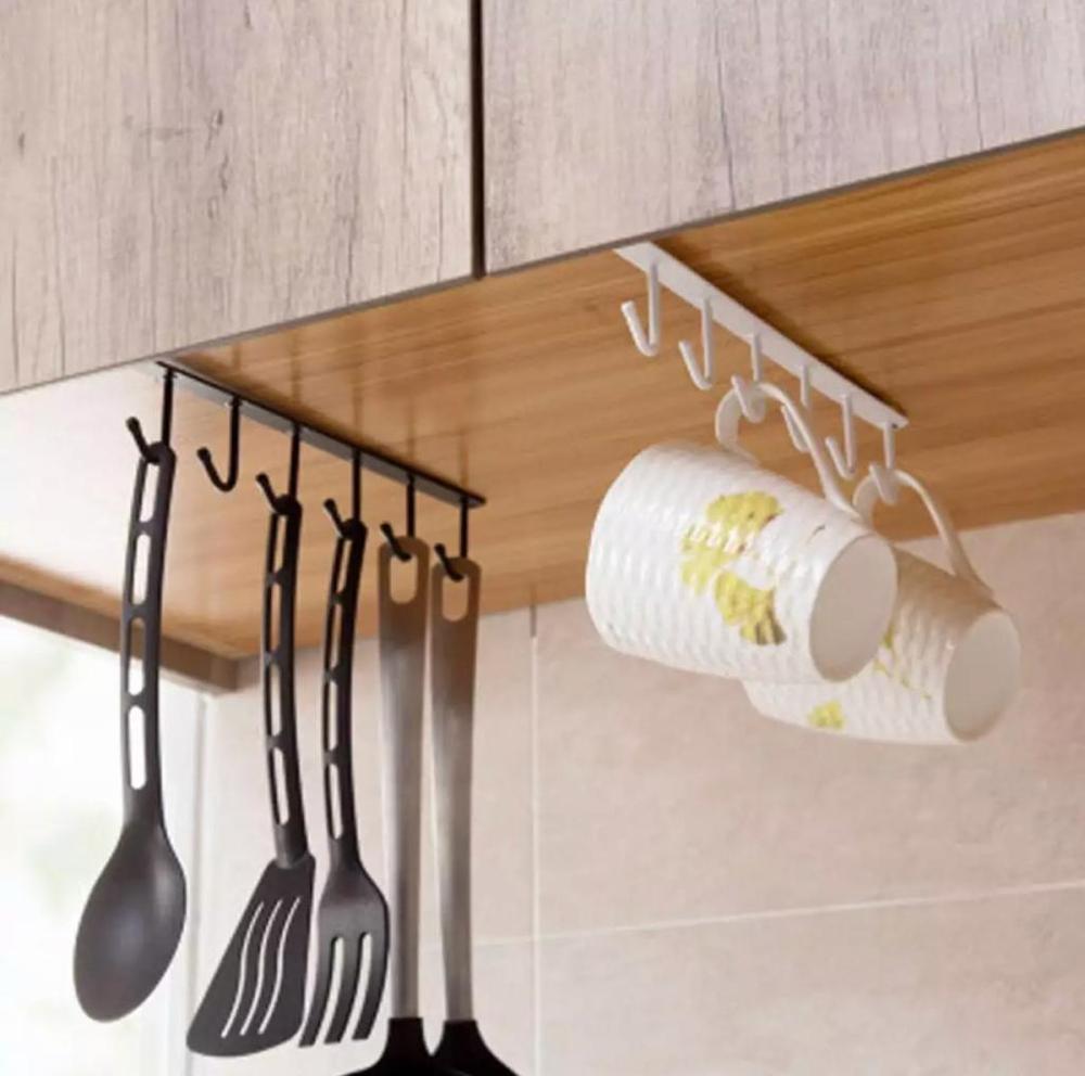 Kitchen Hanger Organizer 6 Hooks Stainless Steel Under Cabinet Rack