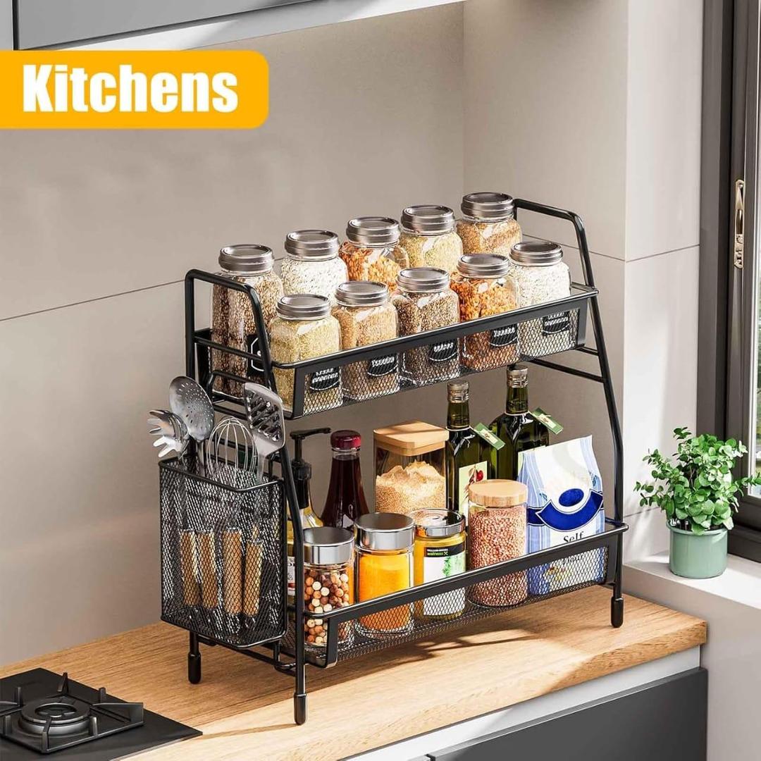 Kitchen Spice & Bottle Organizer 2-Tier Black Stainless Steel Rack