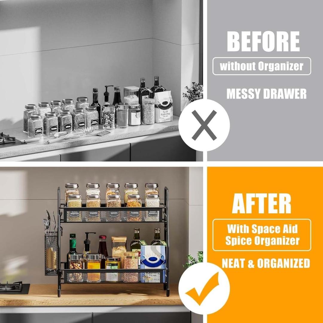 Kitchen Spice & Bottle Organizer 2-Tier Black Stainless Steel Rack