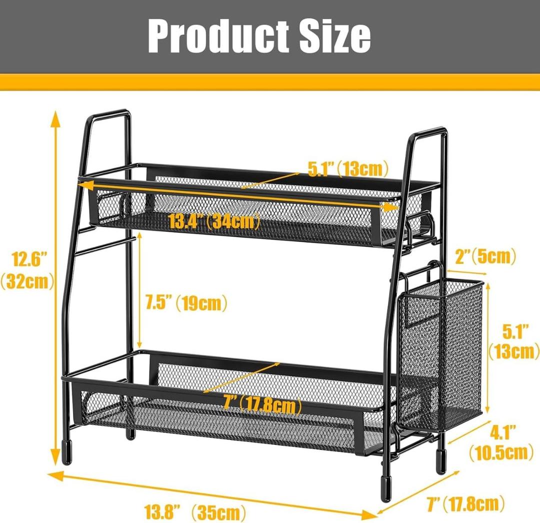 Kitchen Spice & Bottle Organizer 2-Tier Black Stainless Steel Rack